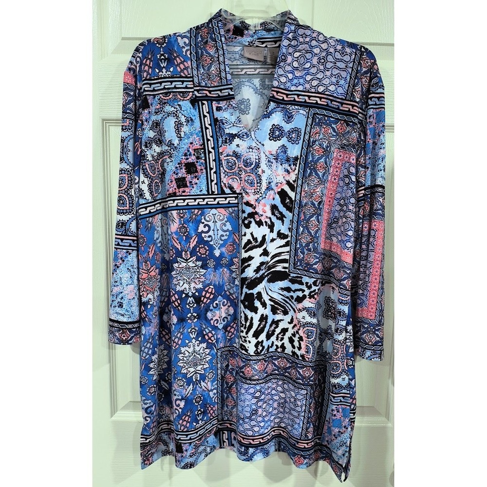 Easywear by Chico's Womens Blue Patchwork Animal Print V-Neck Tunic Size‎ 3 XL